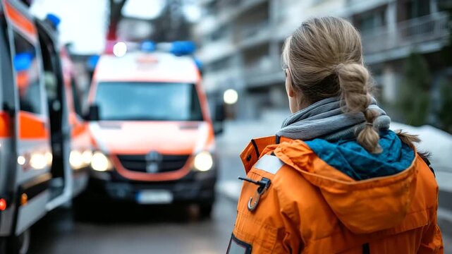 Faceless woman in bright orange jacket standing next to ambulance van, female paramedic at work, emergency medical services, with copy space