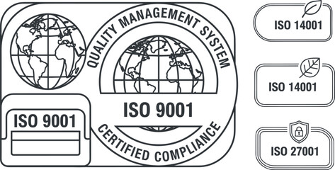 Obraz premium Vector illustration set of professional ISO certification line icons featuring quality management system standards for ISO nine thousand and one.