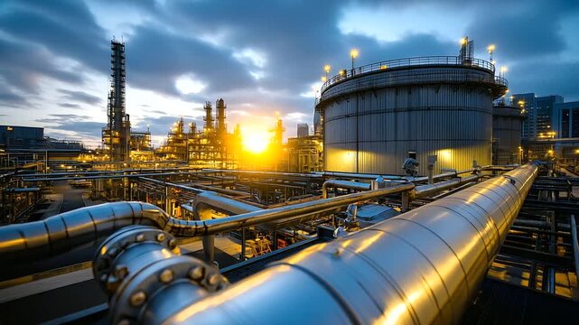 Steel storage tanks and complex piping systems dominating industrial refinery landscape, faceless workers visible on platforms overseeing operations, with copy space