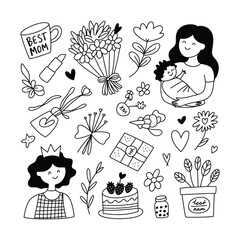Hand drawn mother and child with gifts and flowers
