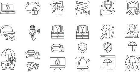 Thin line outline icons set of cybersecurity data protection surveillance security camera shield insurance safety helmet privacy and defense symbols © Romana