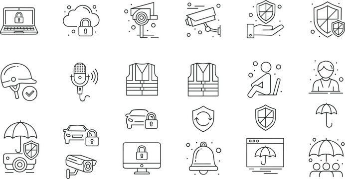 Thin line outline icons set of cybersecurity data protection surveillance security camera shield insurance safety helmet privacy and defense symbols