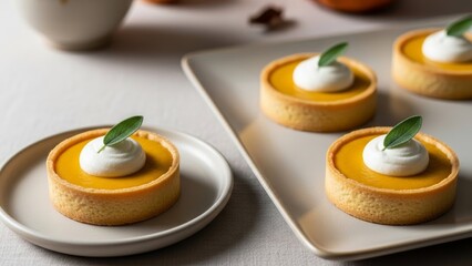 Individual pumpkin tart with whipped cream and green leaf garnish for autumn dessert plate and baking recipe