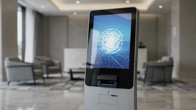 Selfservice kiosk illuminated softly in a quiet latenight lobby digital wayfinding interface in crisp focus with empty seating fading into the background.