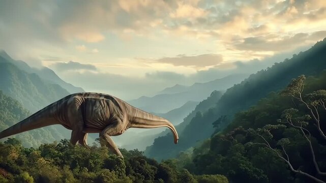 Giant dinosaur in prehistoric misty mountain landscape at dawn