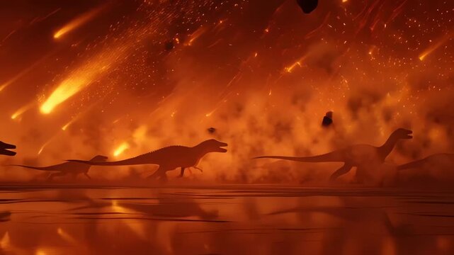 Dinosaurs fleeing fiery meteor shower global extinction event