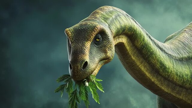Herbivorous Dinosaur Eating Green Leaves Close-up