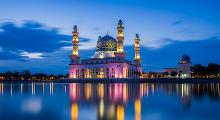 Fototapeta premium Majestic Mosque Architecture Reflecting on Calm Water at Night, a Symbol of Culture and Spirituality