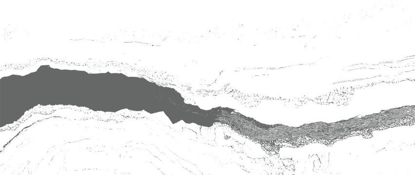 Abstract grayscale geological strata with dark gray river or canyon and white textured background layers