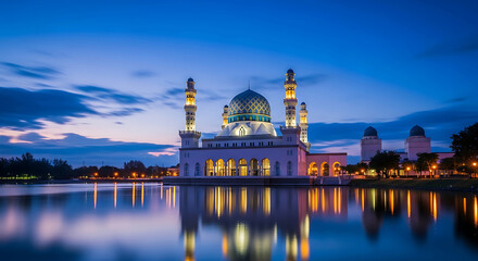 Obraz premium Mosque illuminated at dusk reflected in calm water