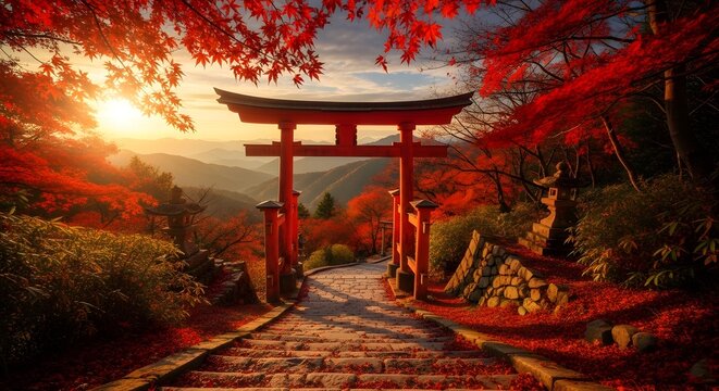 Nikko Mountain &ndash; Japanese Torii Gate on Autumn Momiji