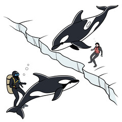 Scuba diver and woman on ice with orcas arctic © MST RAMIJA