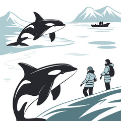 Orcas and people in arctic landscape with snowy mountains © MST RAMIJA