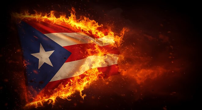 Puerto Rican flag burning with intense fiery flames and dramatic explosion effect