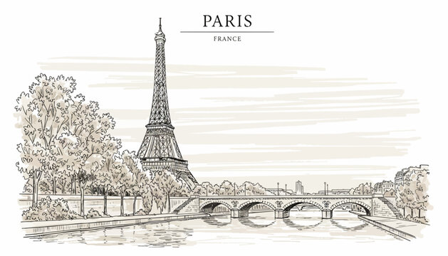 Vintage sketch of the Eiffel Tower and bridge in Paris France.