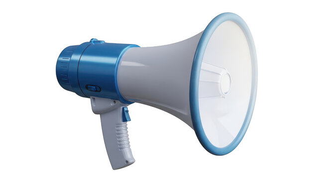 Blue and white megaphone on a plain white surface for announcements isolated on transparent background