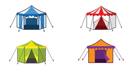 Four colorful tents with distinct designs and color schemes are displayed
