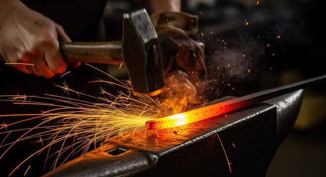 Blacksmith hammering hot metal on anvil sparks flying workshop close up