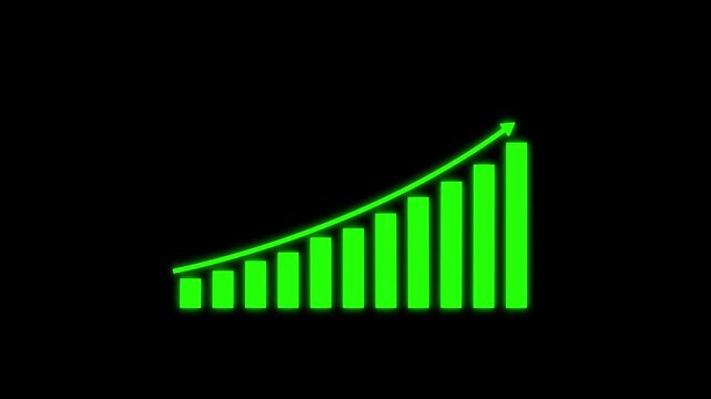 Green Bar Graph Showing Growth and Success on Black Background with Increasing Trend Line growth chart