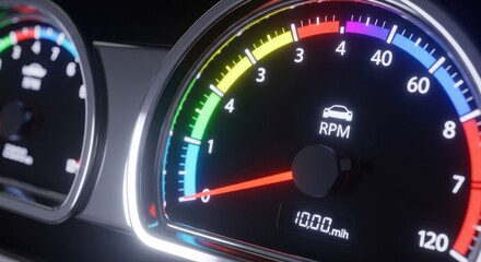 Close up of a car dashboard speedometer and rpm gauge display