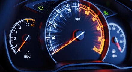 Close up of a car dashboard with gauges and speedometer display