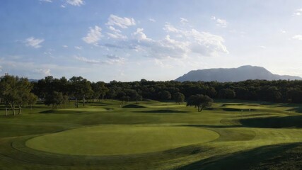 Scenic golf course landscape with rolling hills and blue skies.