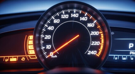Close up of a car speedometer illuminated dial and gauges