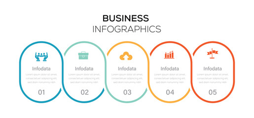 Business data visualisation. Timeline with 5 steps, number, options. 