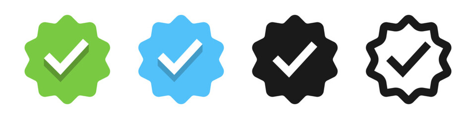 Verified check badge icon set with approval tick symbols for quality assurance validation success - verified checkmark badges in green, blue, and black styles for social media profile authentication. © icons gate