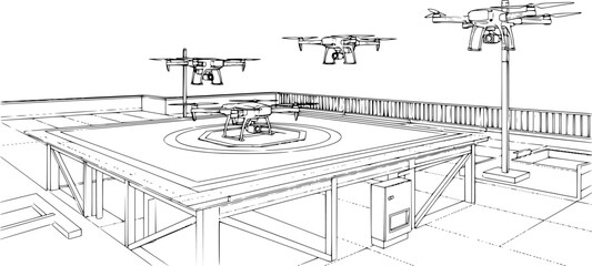 Obraz premium Urban Drone Port and Delivery Hub Silhouette, Modern Logistics and Autonomous Air Transport CAD Vector