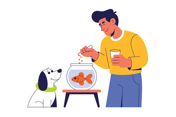 Man Feeding Goldfish with Dog Watching, Colorful Cartoon Scene with Fish Bowl