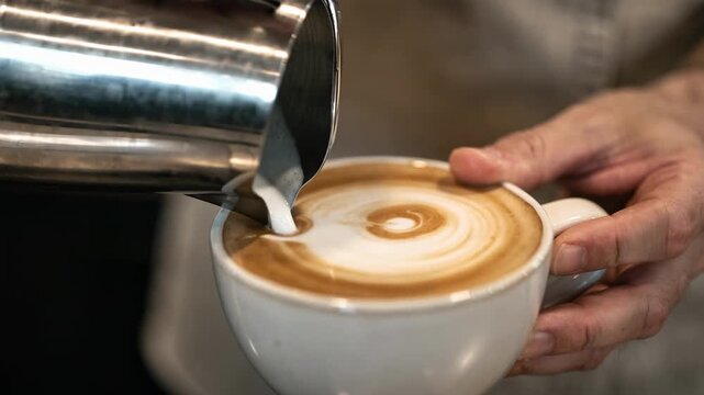 Closeup of baristas wrist tilting cup pouring velvety microfoam for a flat white with focus on pearly milk flow and blurred espresso beneath.