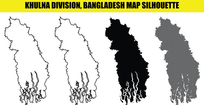 Khulna division bangladesh map silhouette vector set white outline black solid and dotted styles