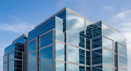 Fototapeta premium Modern corporate office building featuring extensive blue-tinted glass curtain walls reflecting the bright daytime sky beautifully.