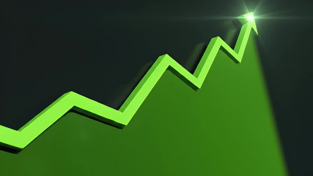 A bright green 3D line graph with an upward arrow, shining