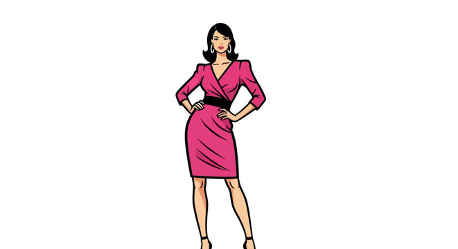 Elegant young woman posing confidently with hands on hips in a stylish pink dress on an isolated white background. Fashion and beauty concept.