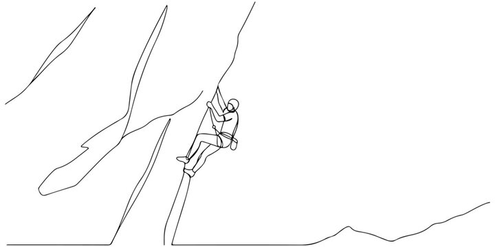 Continuous one line of a climber on a rock wall, representing courage, challenge, and strength, drawn illustration.