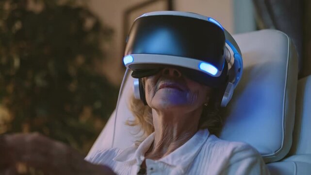 Medium shot of a seated patient immersed in virtual reality therapy booth main object sharp with blurred background showcasing pain management session.
