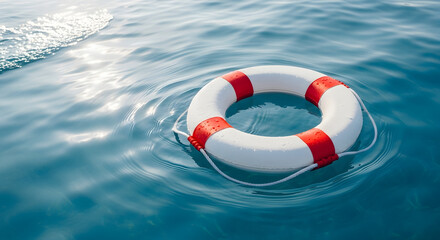 Naklejka premium Lifebuoy floating on calm ocean water for safety and rescue. Generative AI
