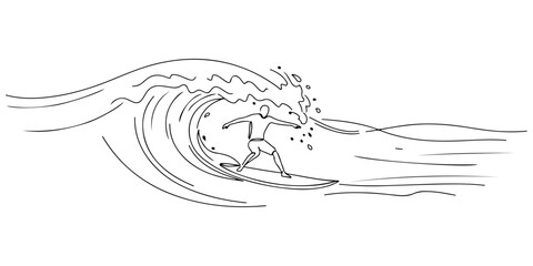 Continuous one line of a surfboard with waves, representing ocean, energy, and lifestyle, drawn illustration. © Haus