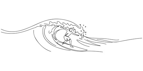 Continuous one line of a surfboard with waves, representing ocean, energy, and lifestyle, drawn illustration. © Haus