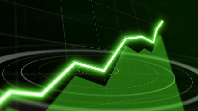 A bright green line graph shows an upward trend on a dark background