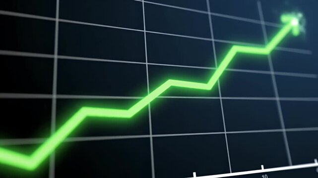 A bright green line graph shows an upward trend on a dark grid