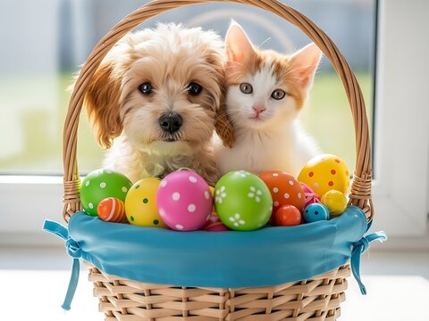 Adorable easter basket with puppy and kitten surrounded by colorful eggs