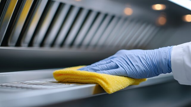 Techniker demonstriert die Tiefenreinigung von Dunstabzugshauben mit digitaler Anleitung f&uuml;r eine effektive K&uuml;chenreinigung