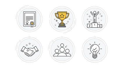 Fototapeta premium Six achievement icons featuring a certificate, trophy, winner on a podium, handshake, team, and a lightbulb idea.
