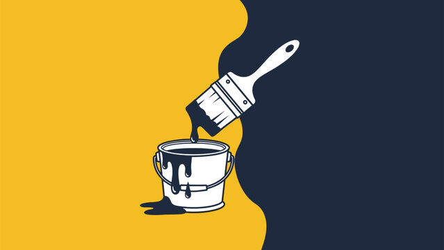 Stylized illustration of a paint bucket and a brush dripping dark blue paint against a yellow and blue background.