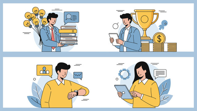 Four business scenarios showing professionals handling books, winning a trophy, managing time, and using a tablet.