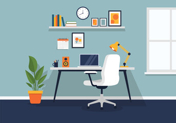 Creative Home Workspace Vector with Wall Clock and Coffee Mug