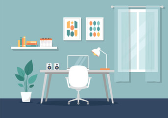 Home Office Vector Design with Window and Curtains